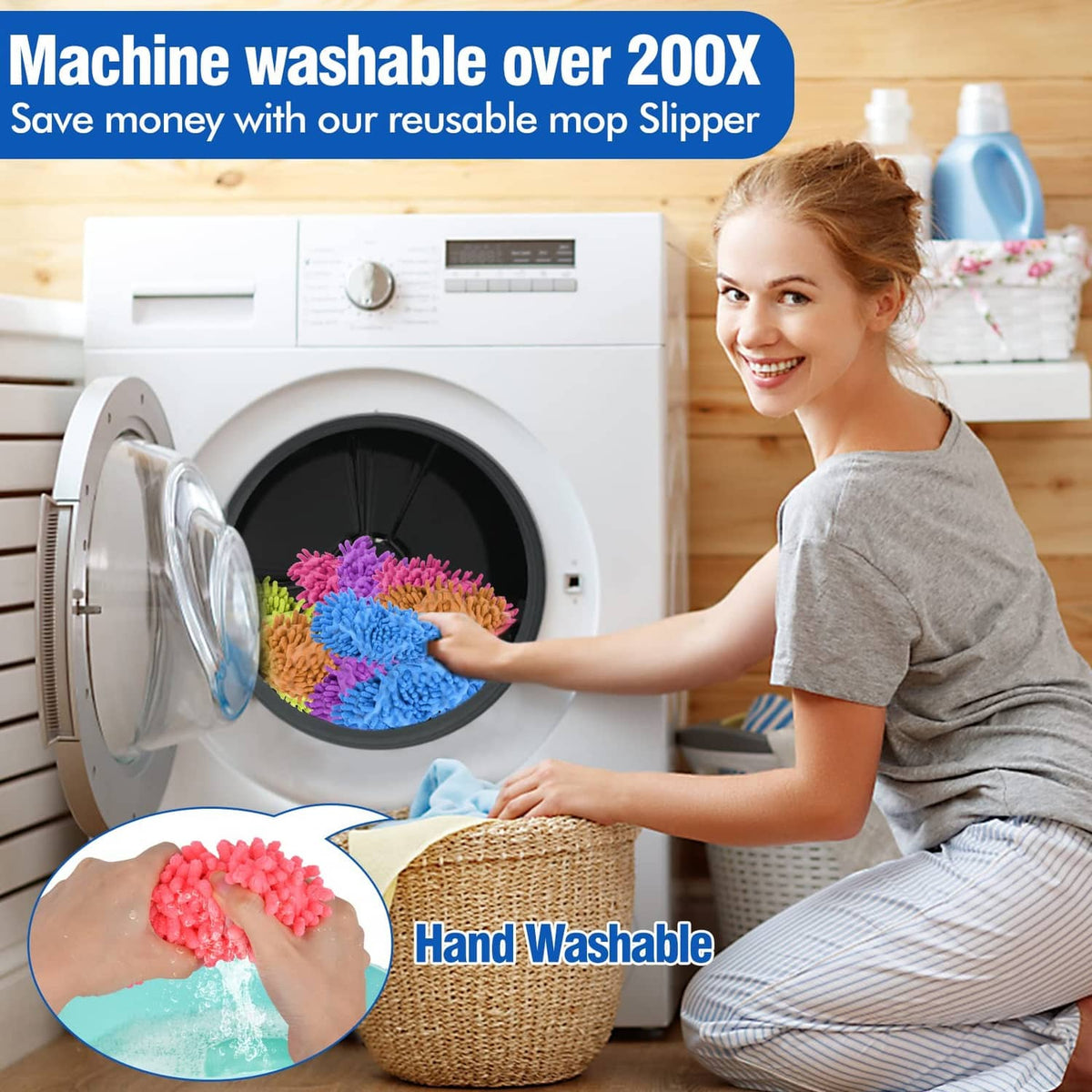 Hand-washable microfiber mop slippers shown in a washing machine setup
