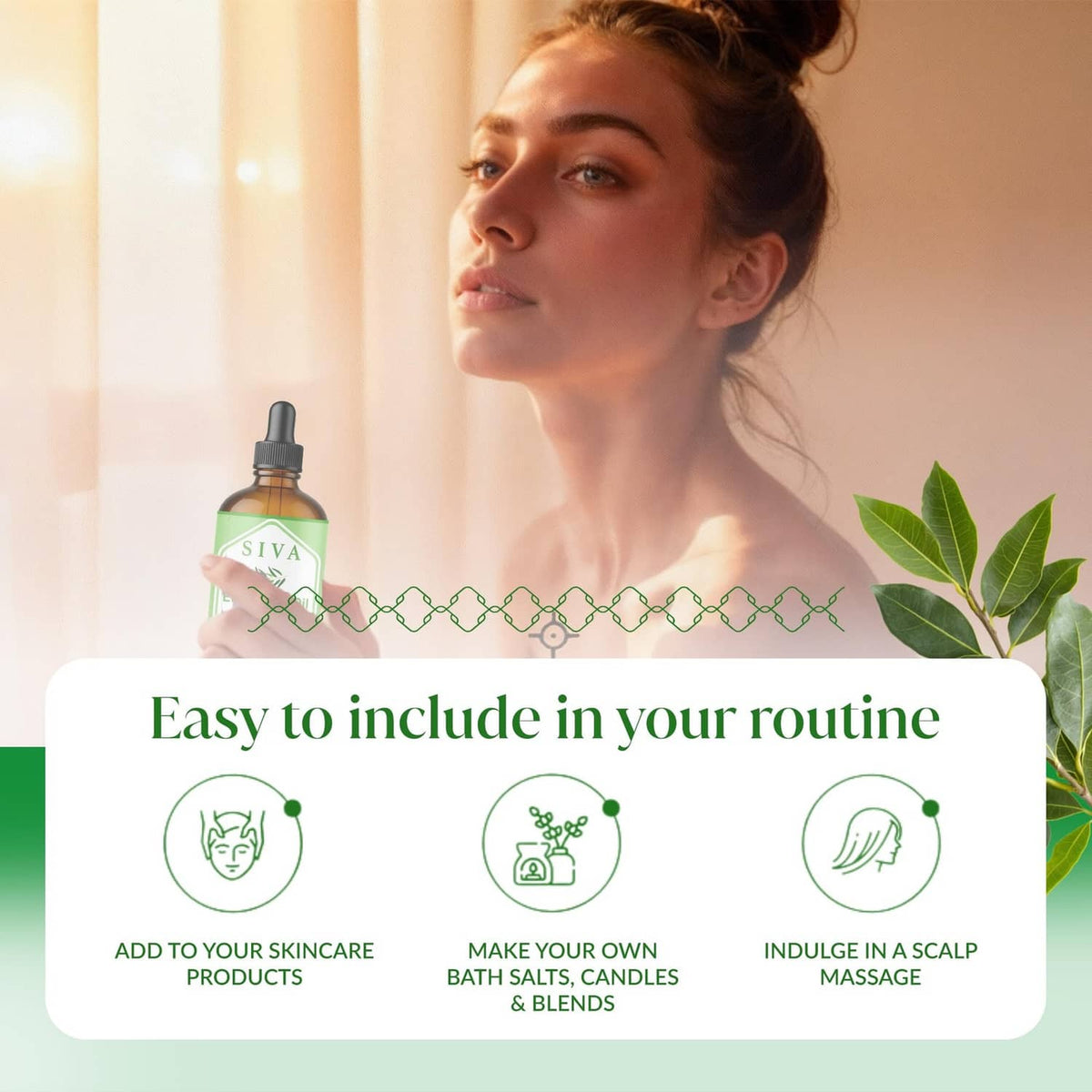 SIVA camphor essential oil bottle with dropper shown near face on a routine card