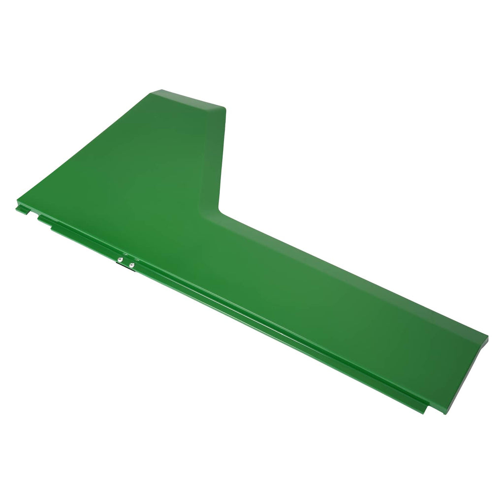 Green steel RH hood side panel, angled view with mounting holes along edge