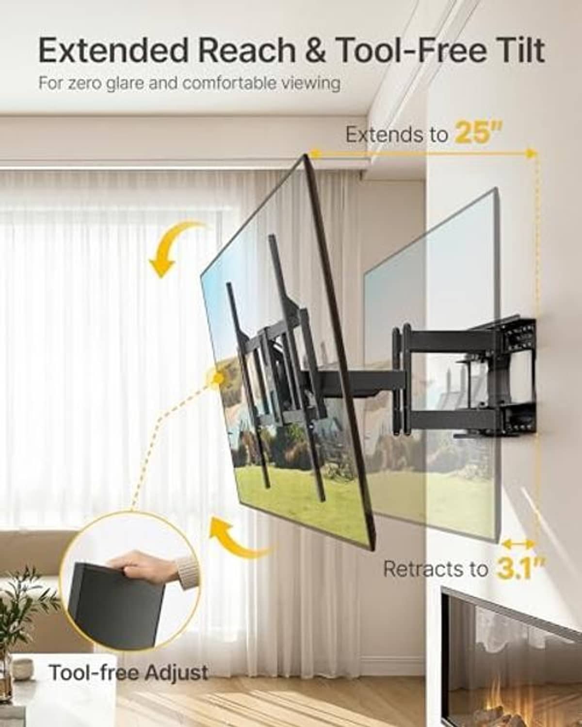 Heavy-duty TV wall mount bracket shown tilted outward for viewing