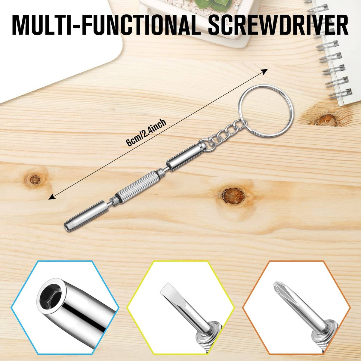 Multi-functional watchmaker screwdriver with keychain loop on a wooden surface