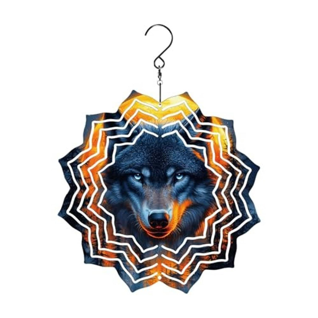 Hanging wolf wind spinner rosette, blue fur face with orange and white zigzag metal blades
