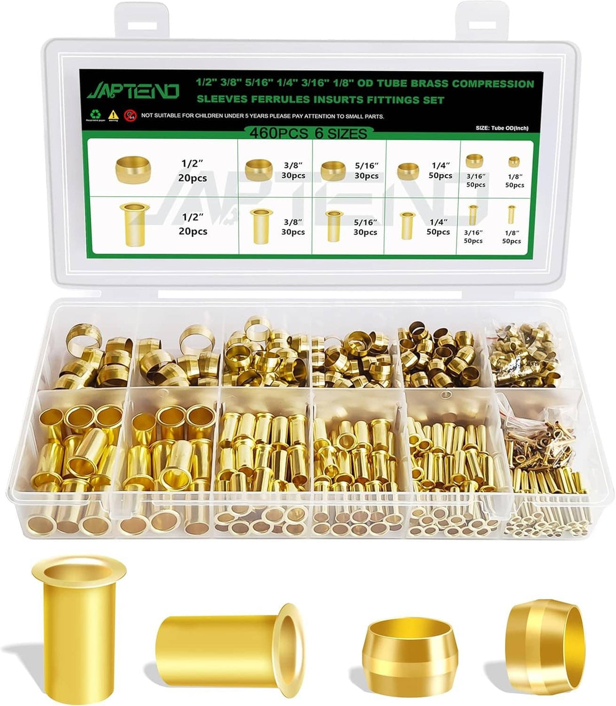 Brass compression sleeve, ferrule & insert set in clear storage tray