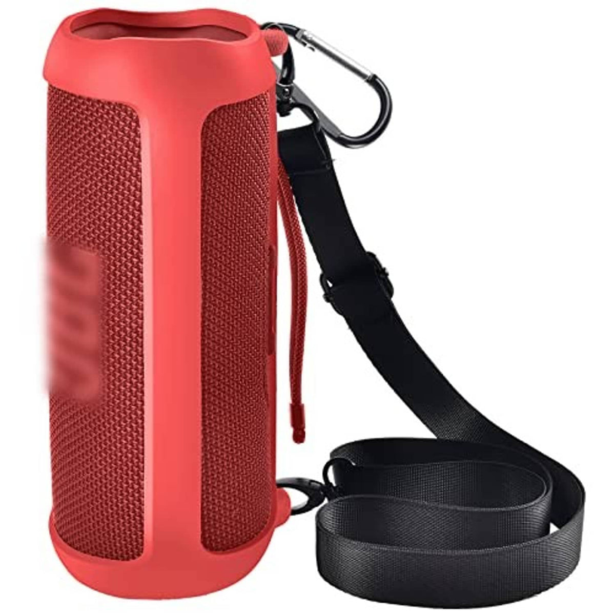 Red silicone speaker case with textured grip, side cutouts, and detachable shoulder strap