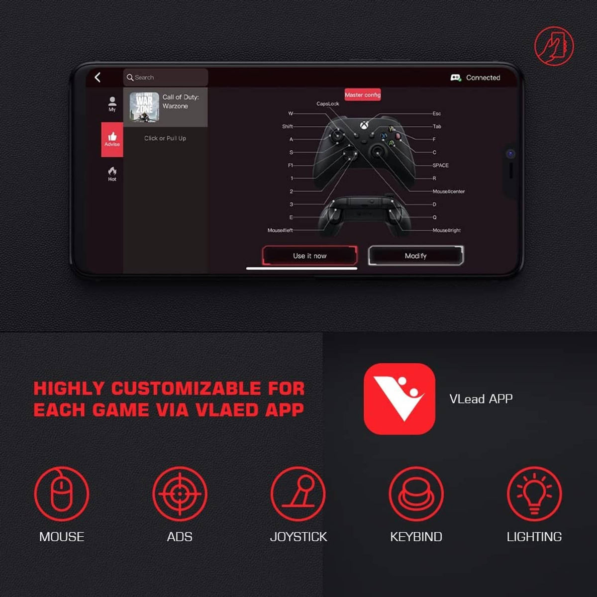 Keyboard and mouse adapter app screen with customizable connection