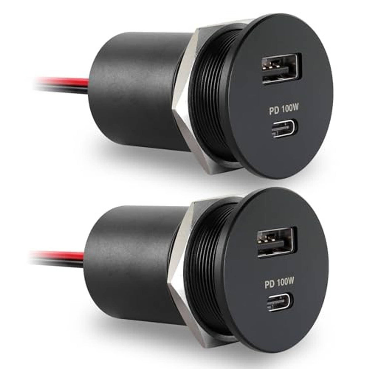Black car USB-C PD outlet charger with two USB ports, round recessed mount face