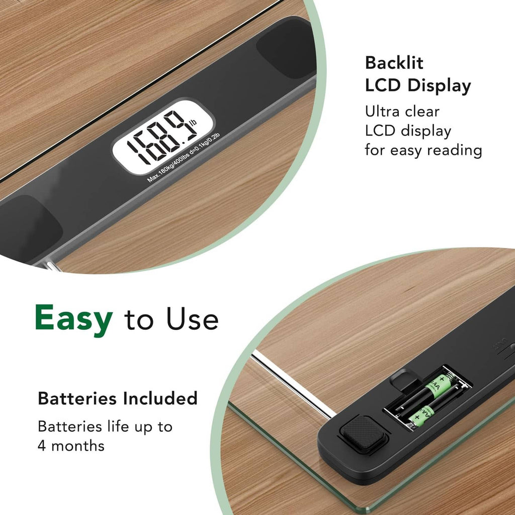 Backlit LCD display and battery compartment on a tempered-glass bathroom scale