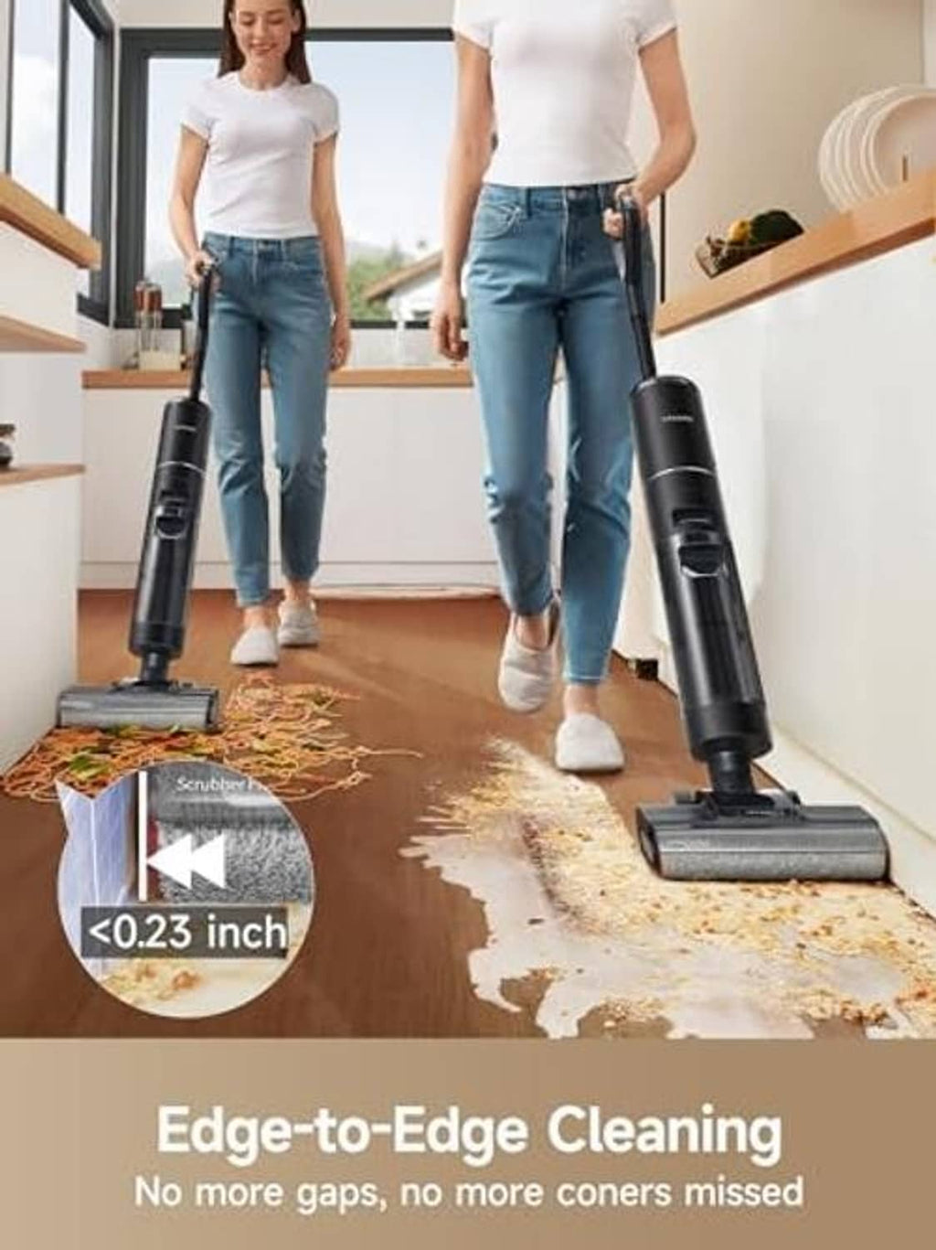 Upright vacuum mop cleaning along edges with roller head, black