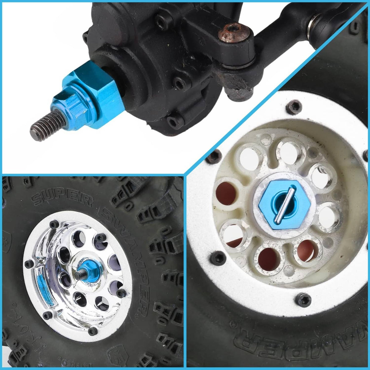 Blue aluminum hex hub adapter close-up with threaded M4 stud and wheel hub detail