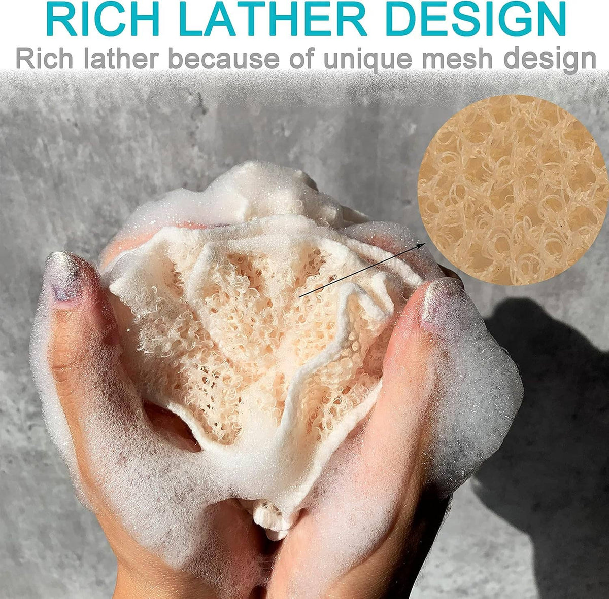 Beige mesh shower pouf loofah with lather, held in hands for exfoliating scrubbing