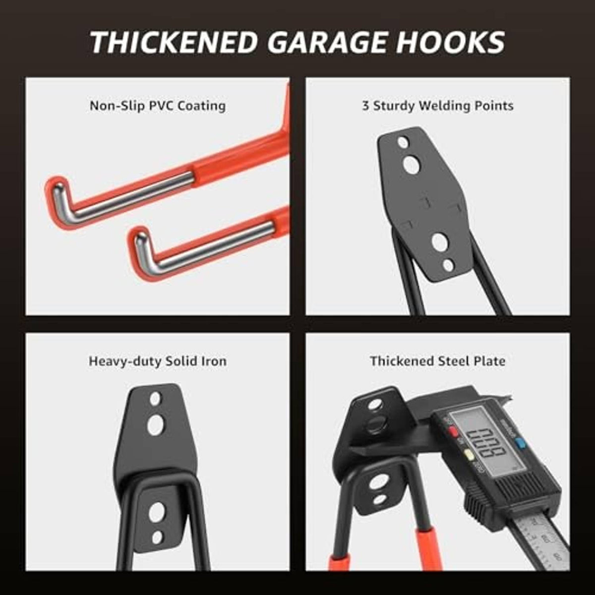 Thickened garage hooks with non-slip PVC coating and reinforced steel mounting plate