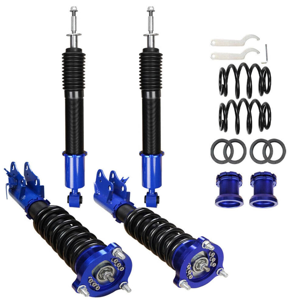 Adjustable coilover strut shocks set with blue spring hardware, twin units