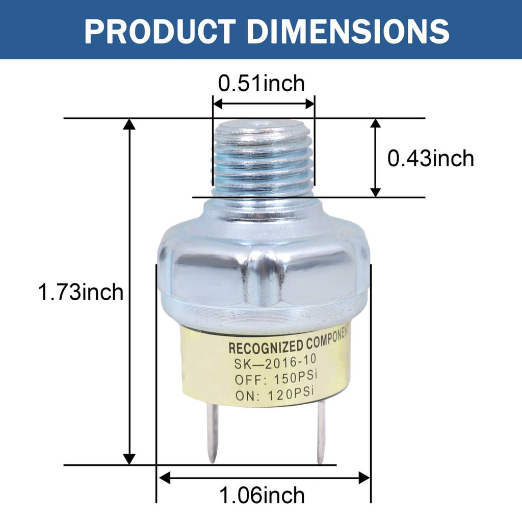 Air pressure switch valve with silver body, yellow label, and two mounting pins