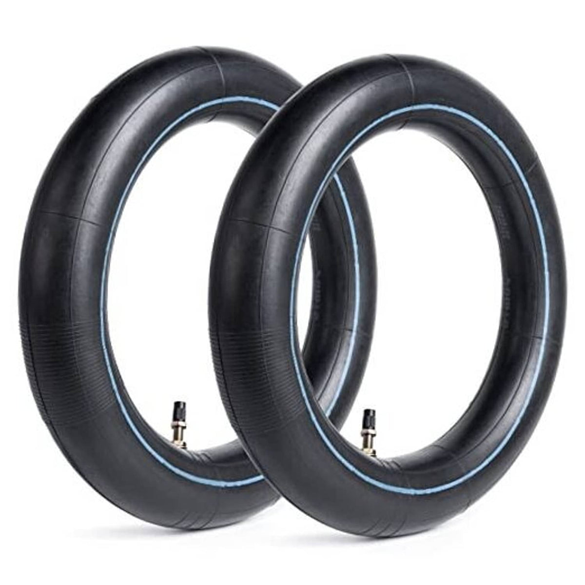 Pair of black dirt bike inner tubes with blue stripe and straight TR4 valve stems