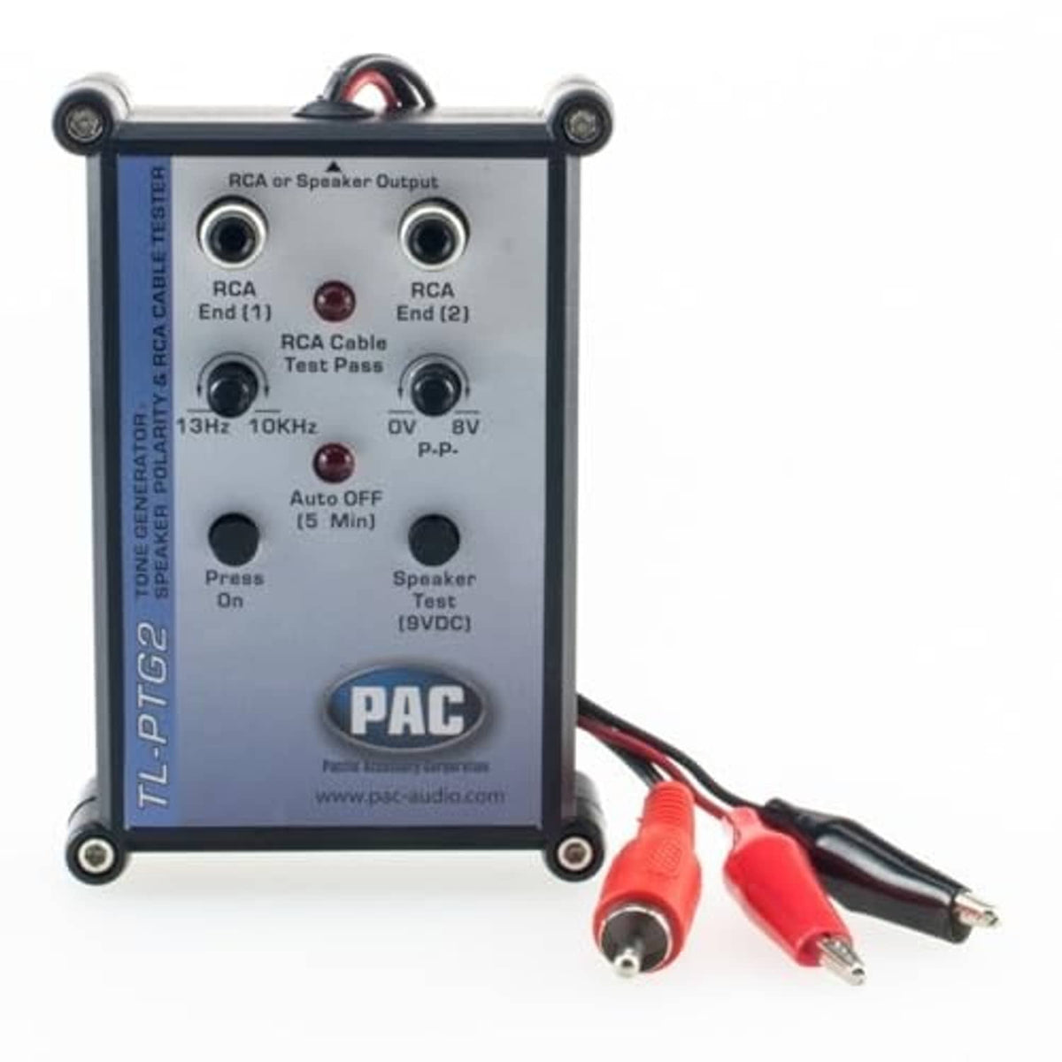 Speaker polarity tester with RCA input/output ports and bundled test leads