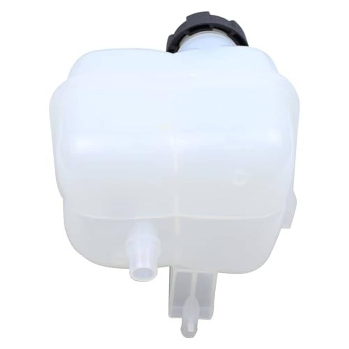 Coolant expansion tank, translucent white reservoir with black rim cap and hose outlet