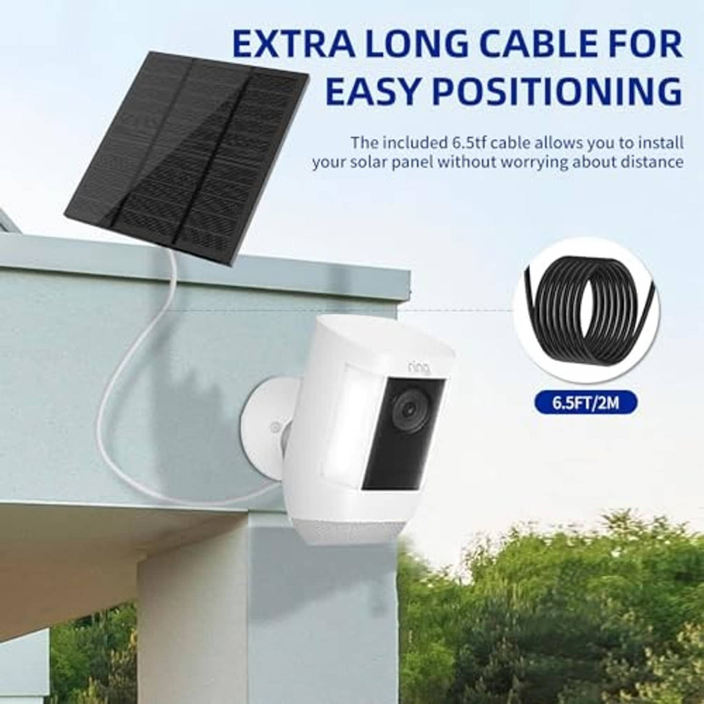 Black solar panel with 6.5ft charging cable connected to outdoor security camera