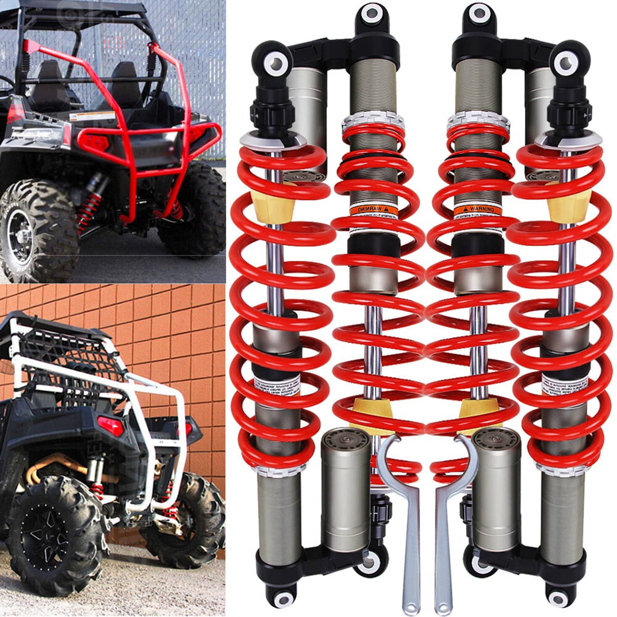 Front and rear shock absorbers with red coil springs and silver cylinders, adjustable mounts