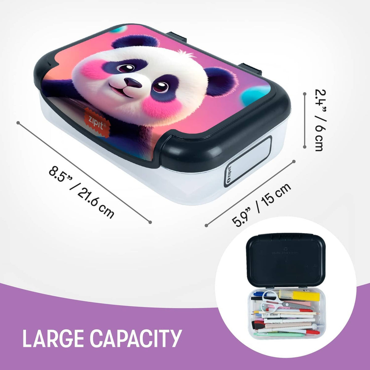 ZIPIT recycled plastic pencil box, panda graphic on pink-and-blue lid, black base