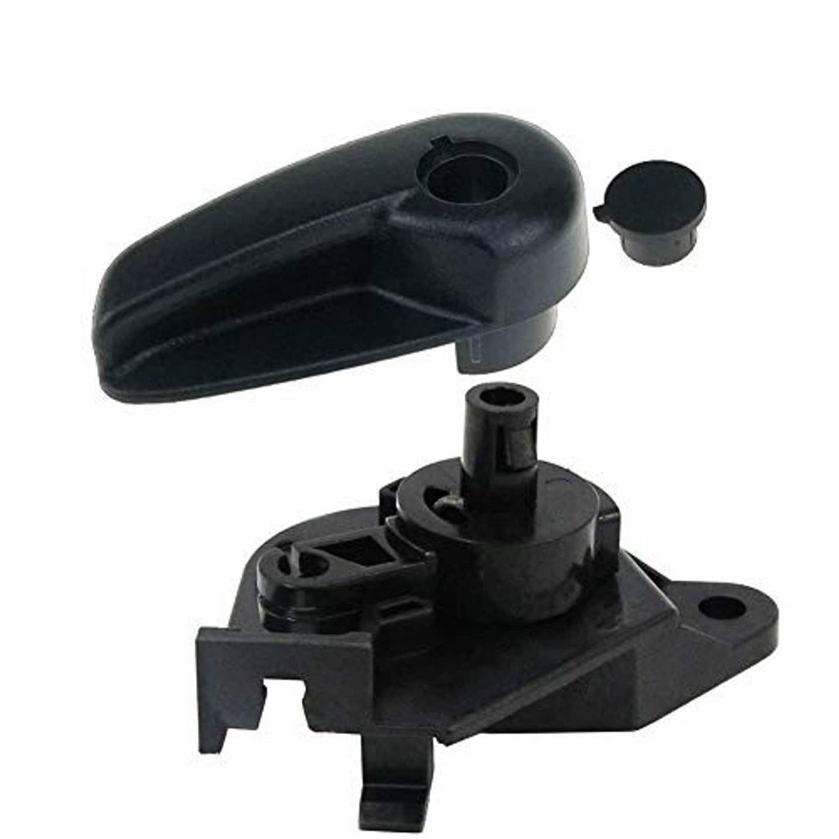 Black hood release handle lever with mounting bracket and small round cover cap