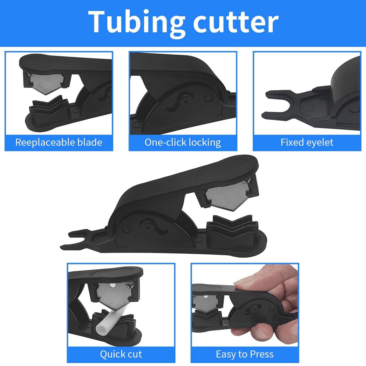 Black tubing cutter with replaceable blade, one-click locking, and easy-press lever