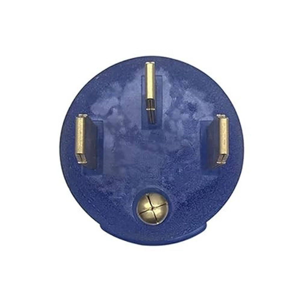 Blue RV power conversion plug female face with three blade slots and round grounding pin