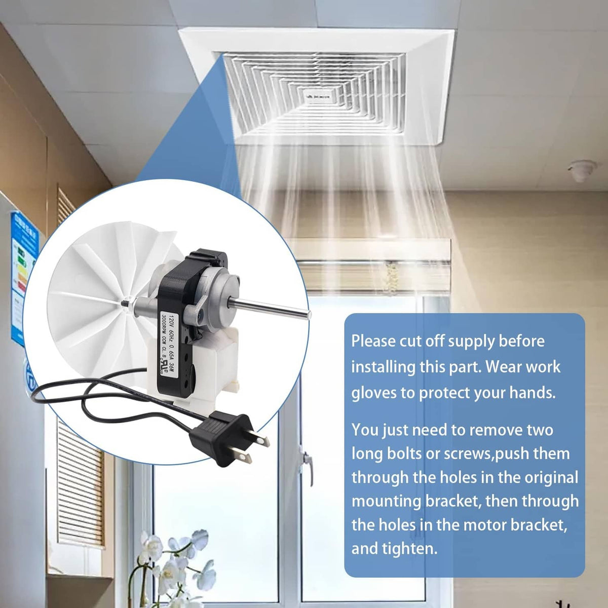 Vent fan motor replacement with white impeller wheel and black power plug, ready to install