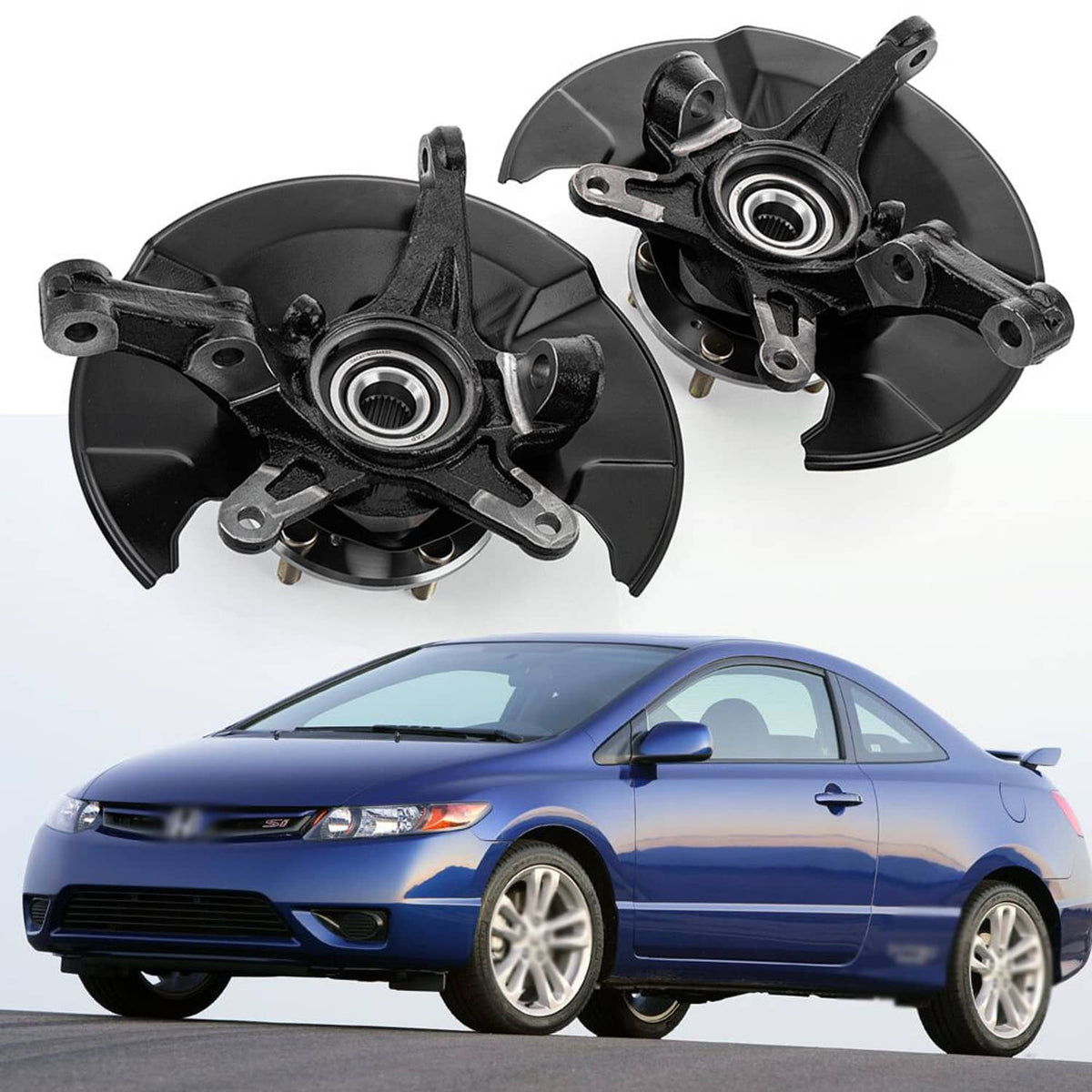 Front wheel hub bearing steering knuckle assemblies with brake hub and arms