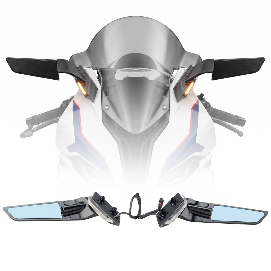 Adjustable motorcycle side mirrors with amber turn signal lights