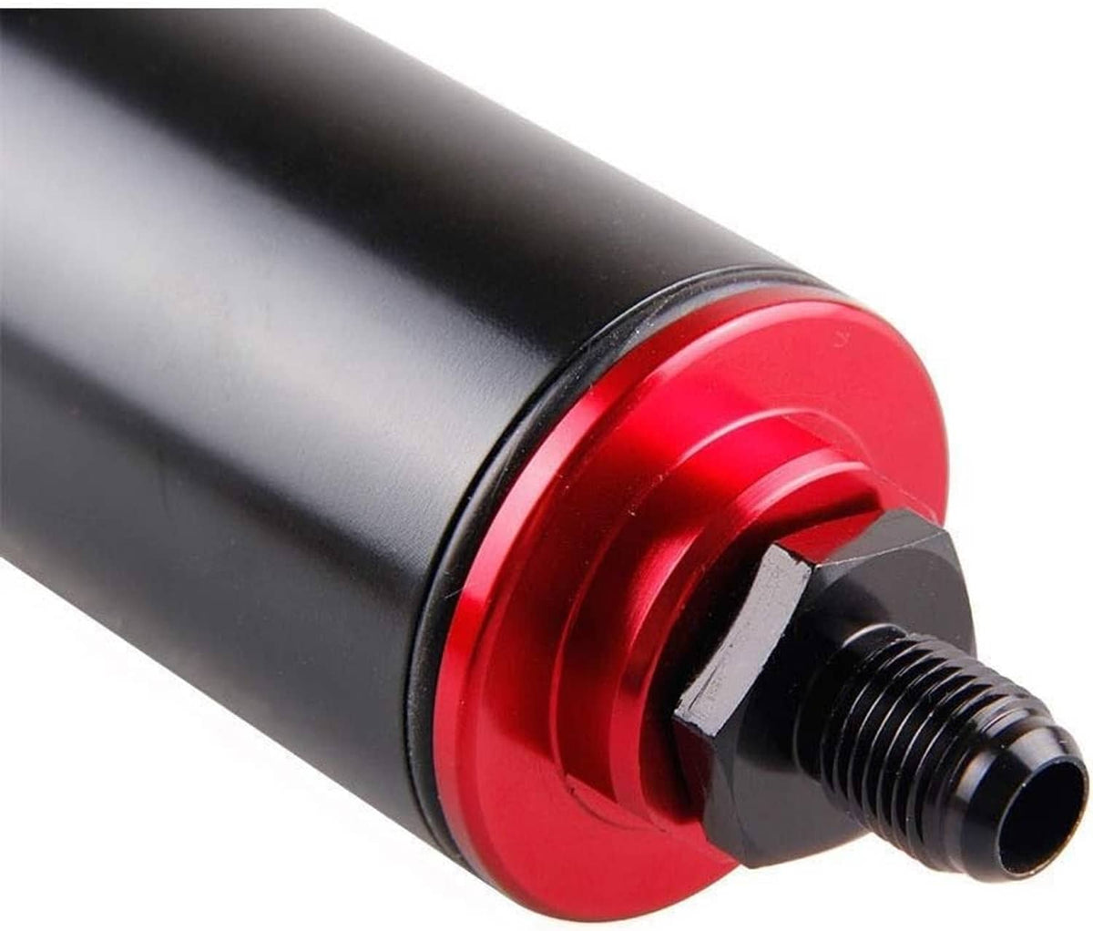 Close-up of red inline fuel filter end cap with black threaded fitting