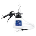 Pneumatic brake fluid bleeder kit with white reservoir bottle, black trigger gun, and hose