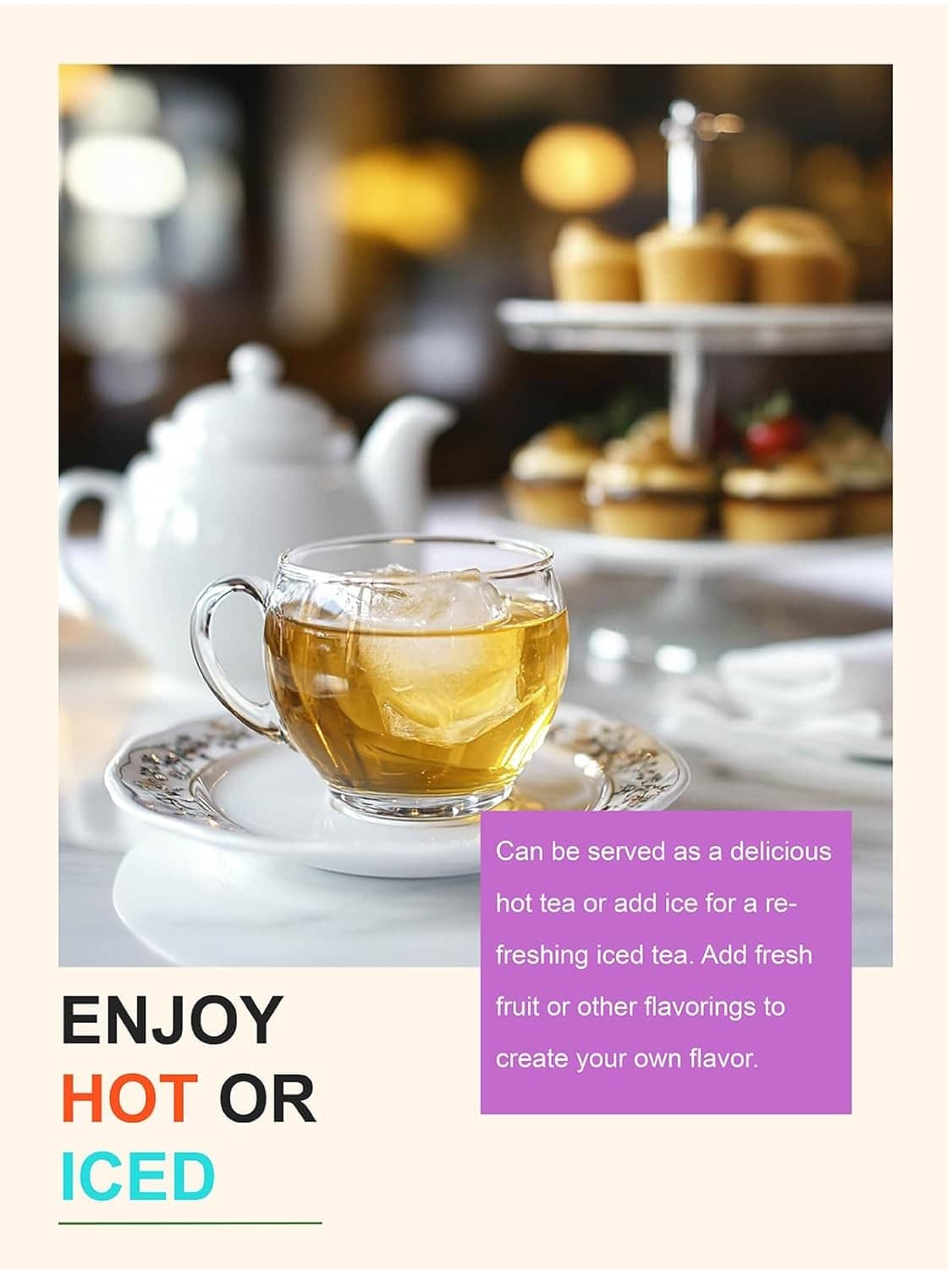 Glass cup of golden-green tea on saucer