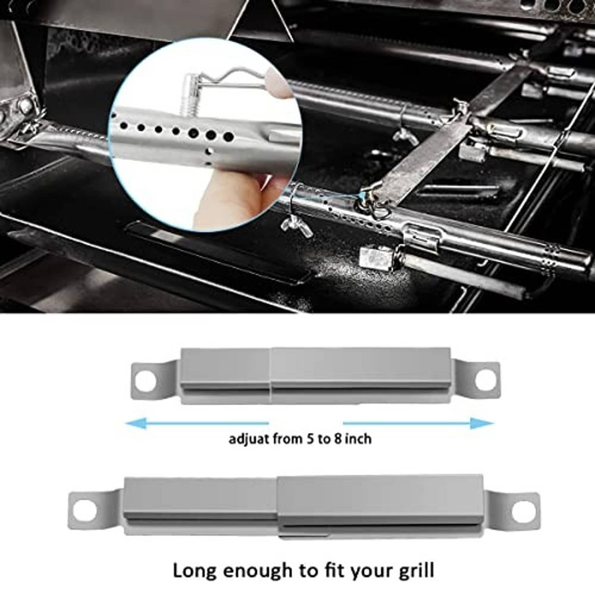 Adjustable stainless steel burner bar with mounting brackets for grill installation