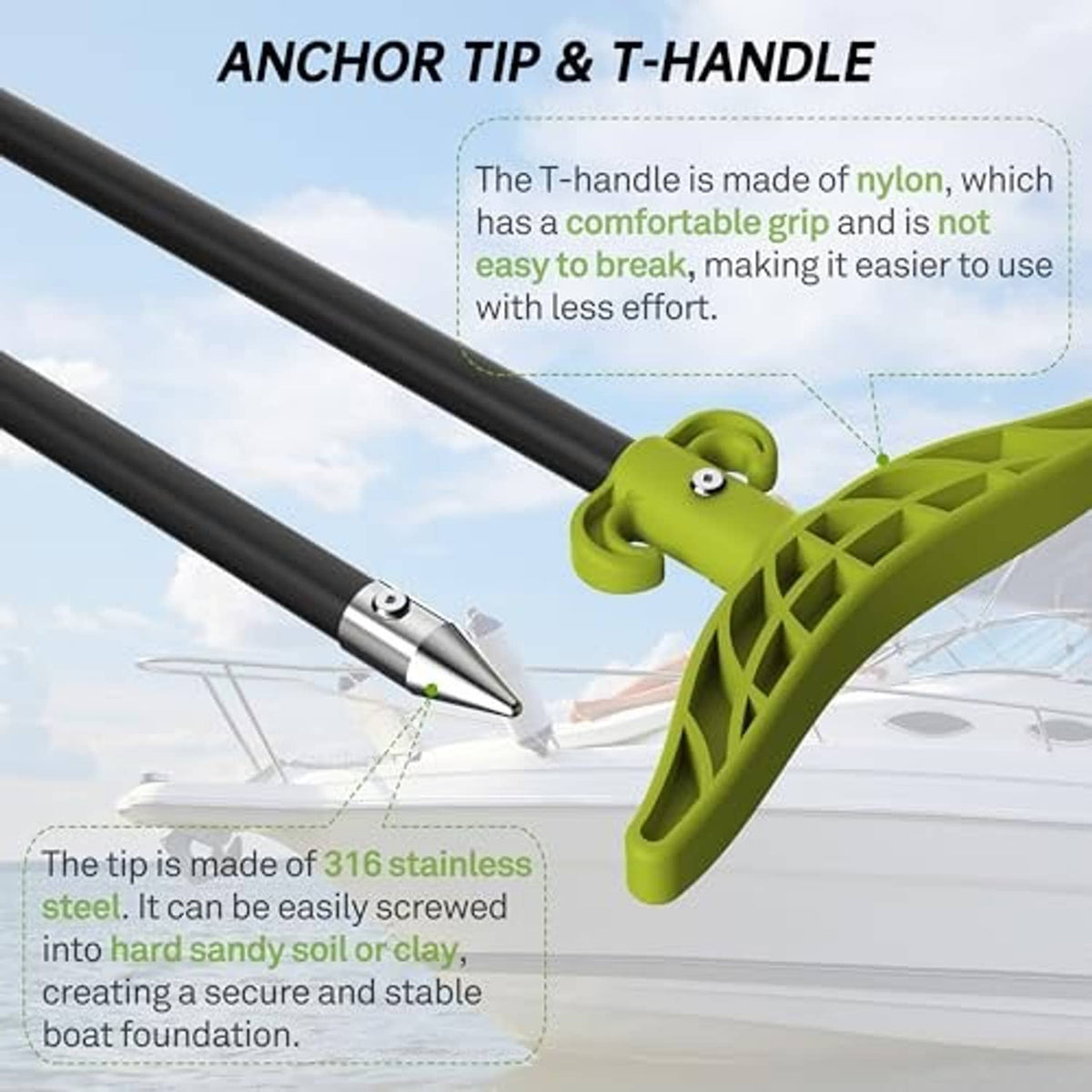 Black anchor push pole with green T-handle and stainless steel anchor tip