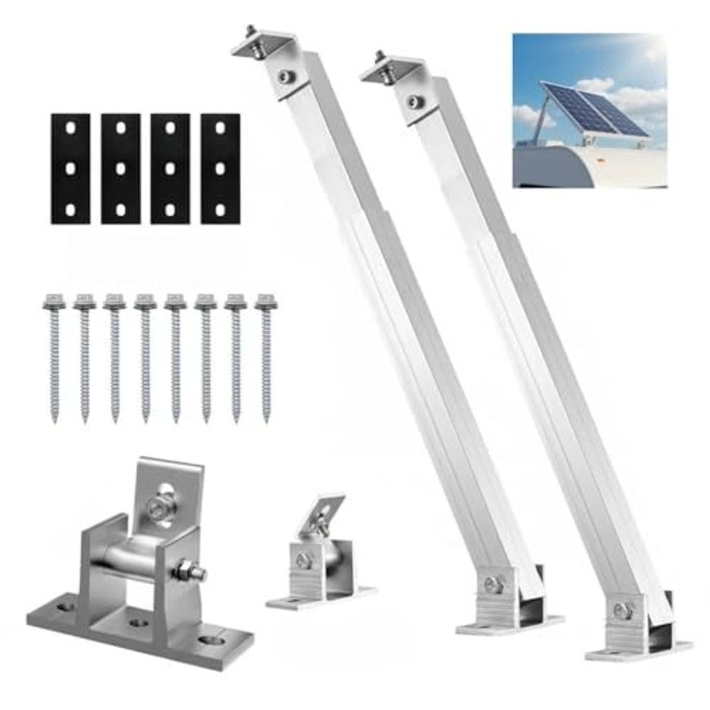 Solar panel tilt mounting brackets kit with two silver support rails, black plates, bolts