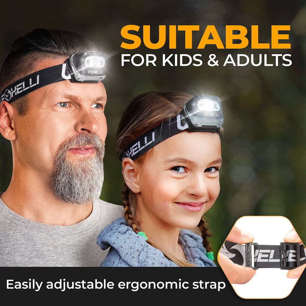 Foxelli LED headlamp on man and child with adjustable elastic headbands