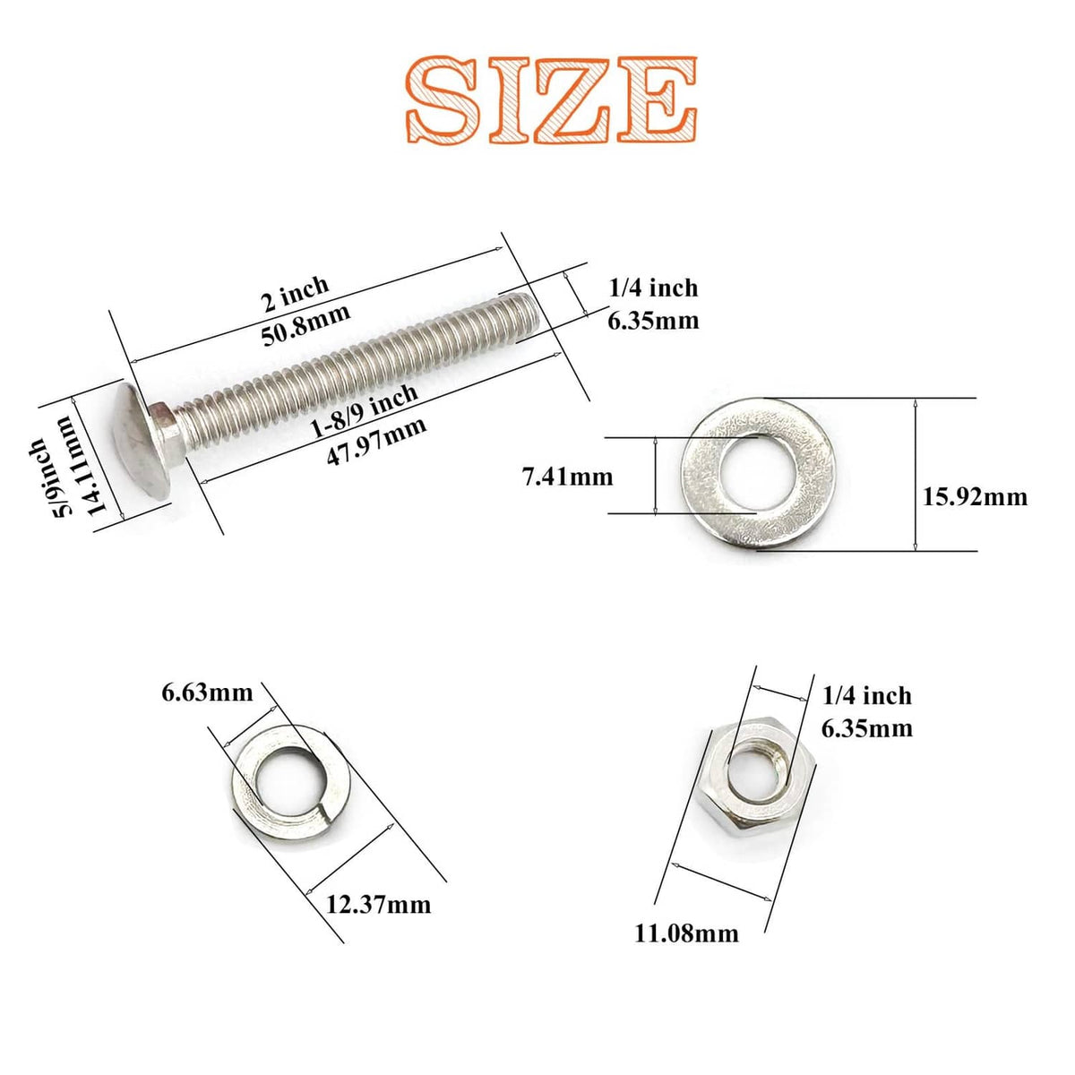 Carriage bolt size diagram with dimensions and washer circle