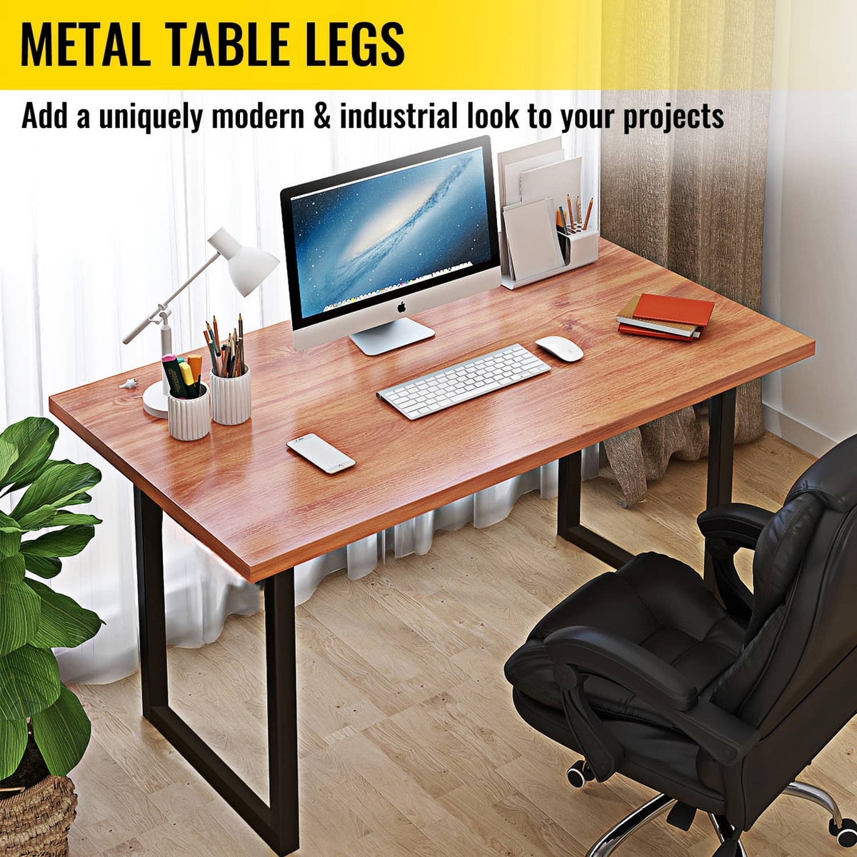 Black metal table legs frame supporting a desk or dining table with flat base pads