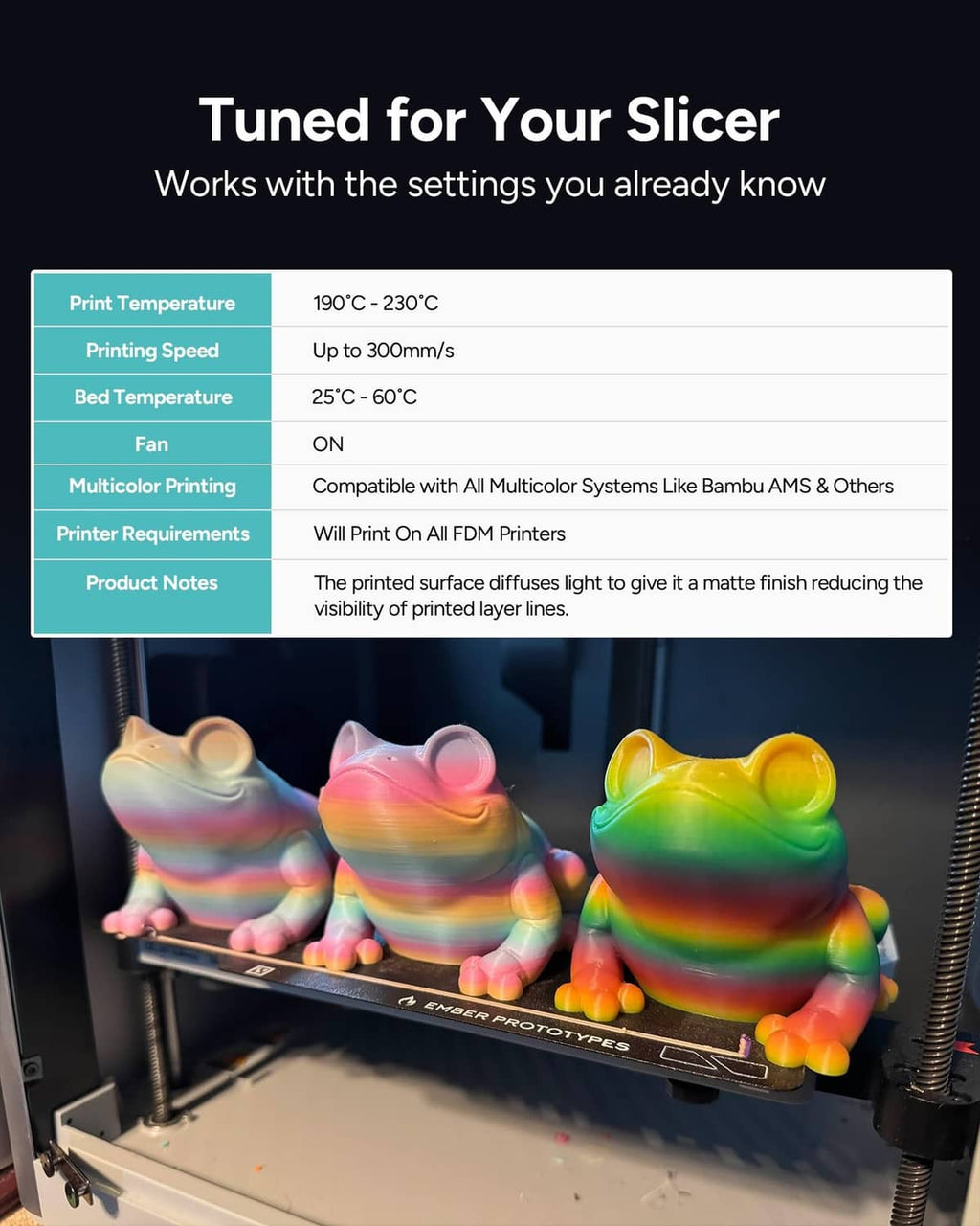 Rainbow-toned matte 3D print on a printer bed with filament in view