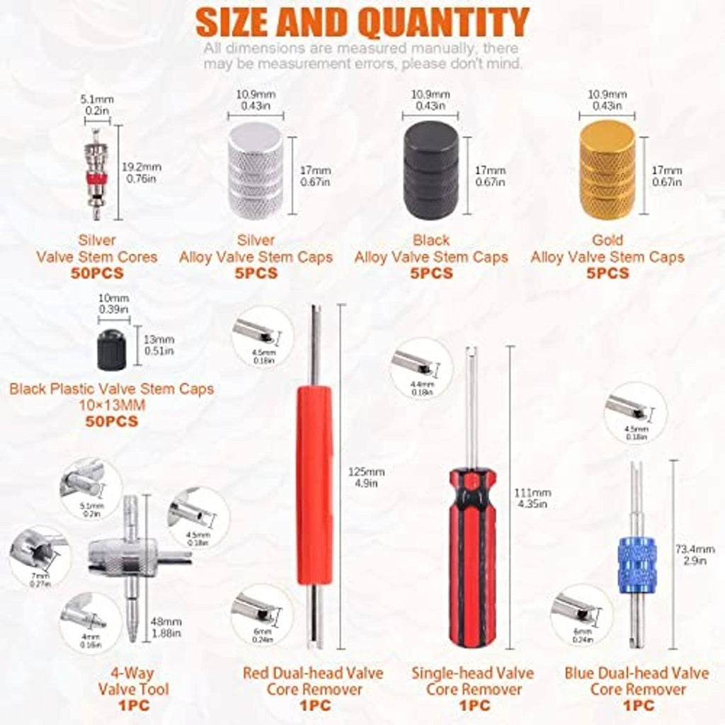Valve core tool kit parts size chart showing caps, cores, and remover tools