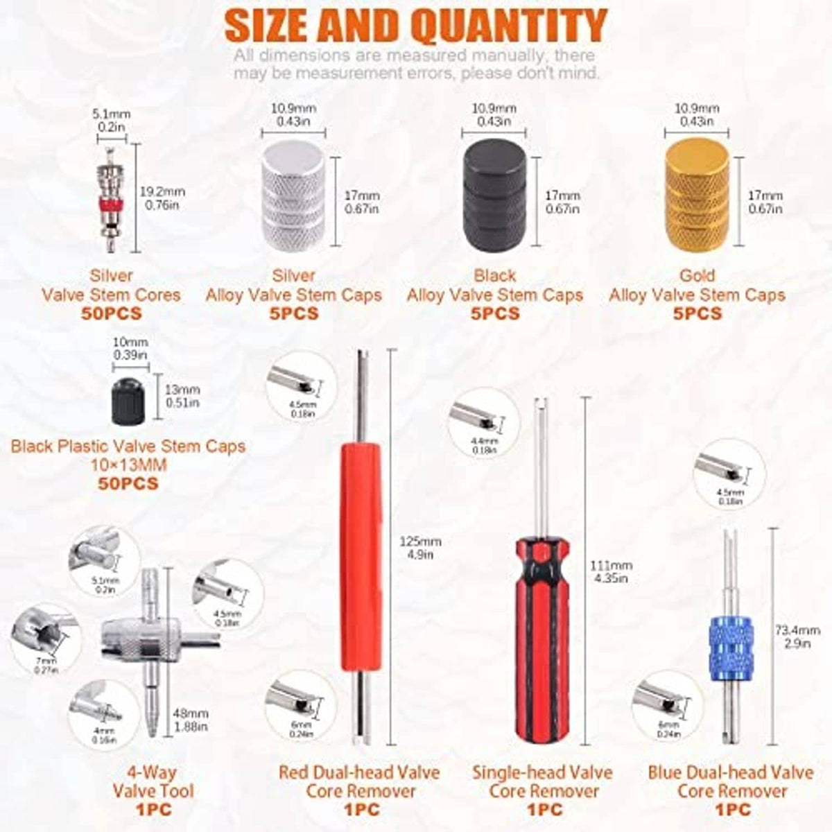 Valve core tool kit parts size chart showing caps, cores, and remover tools