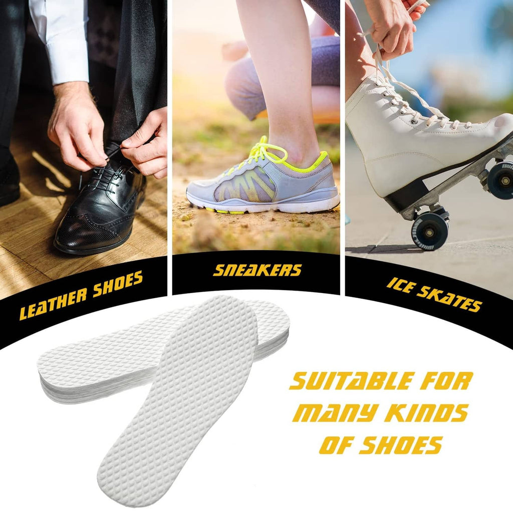 Disposable white shoe liners for various shoes, contoured textured non-slip pads.