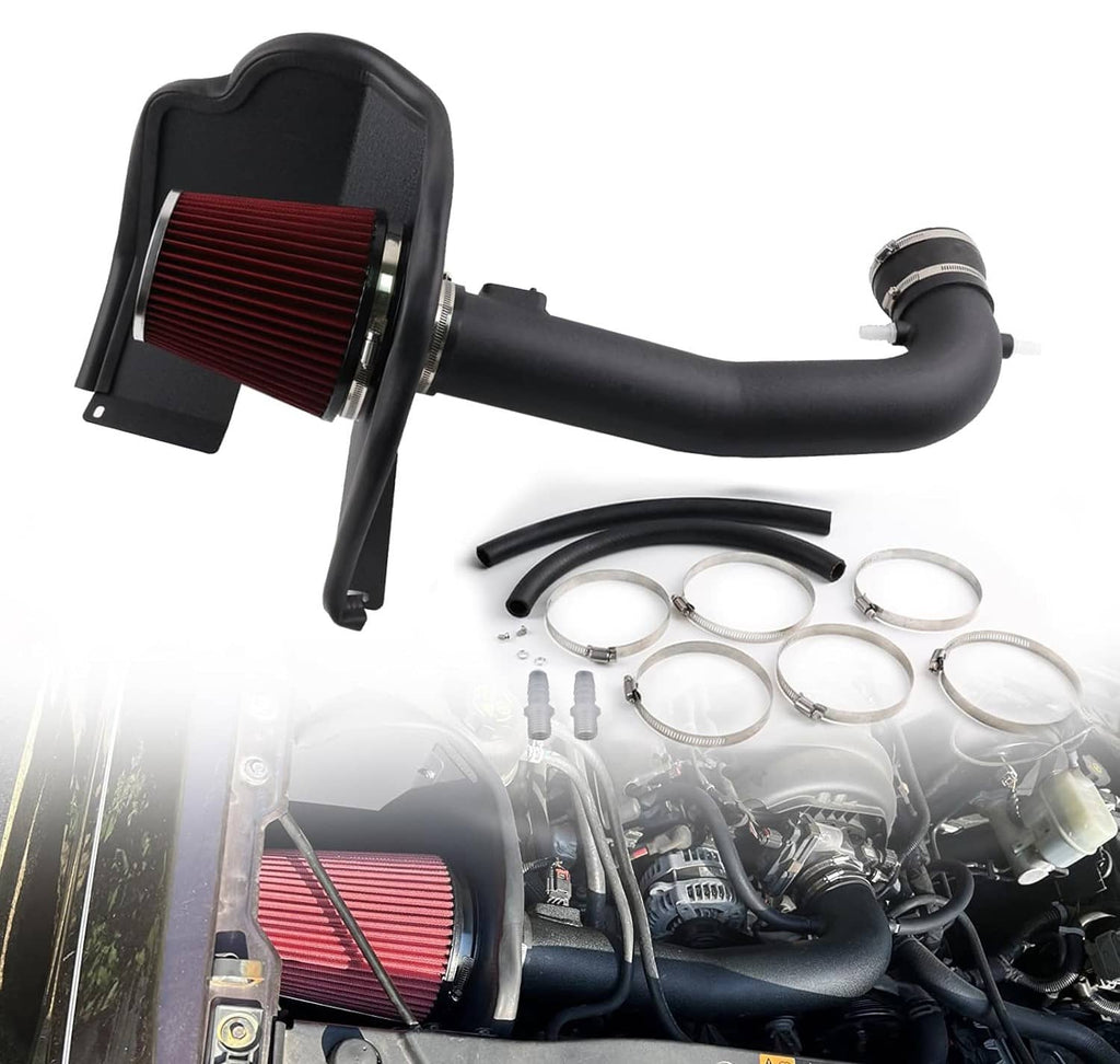 Cold air intake kit featuring a red cone filter, black intake pipe, and metal clamps