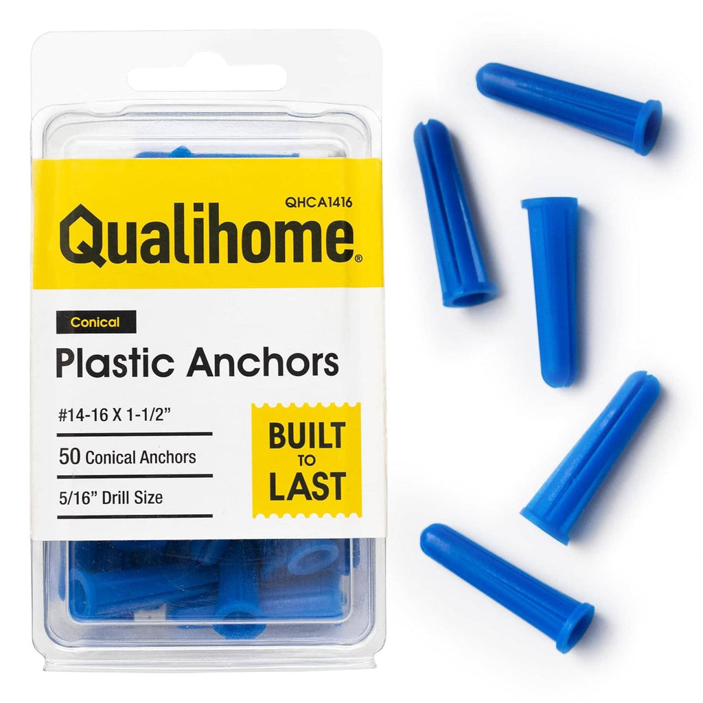Plastic conical wall anchors, blue, in blister pack with several anchors visible