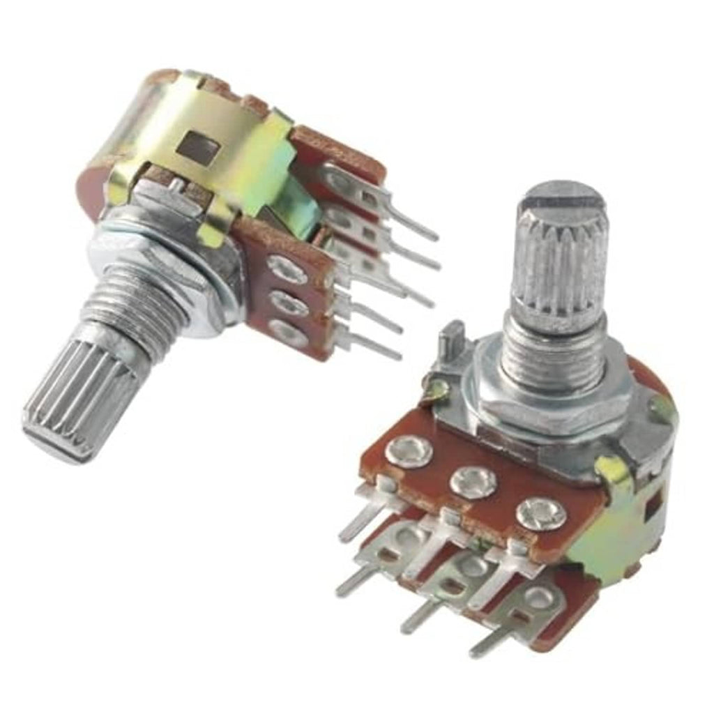 Two dual 50K 6-pin potentiometers, metal shafts and PCB pin terminals