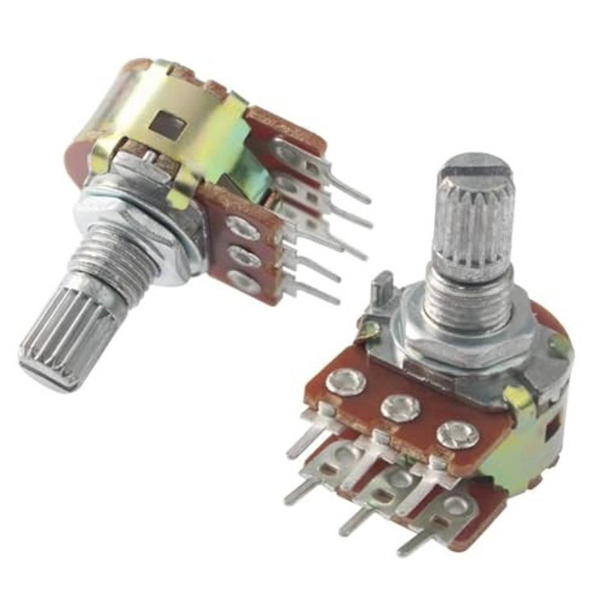 Two dual 50K 6-pin potentiometers, metal shafts and PCB pin terminals