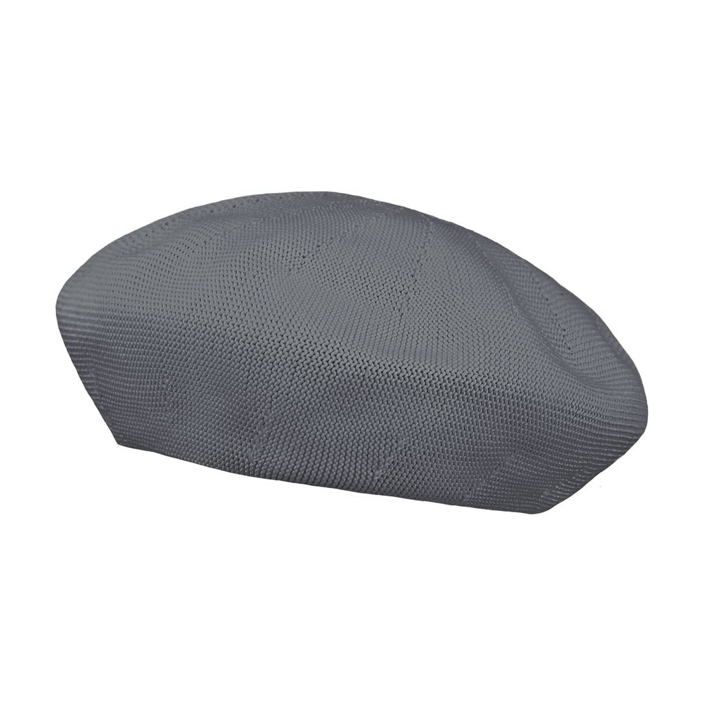 Dark grey knitted beret hat with curved, soft brim