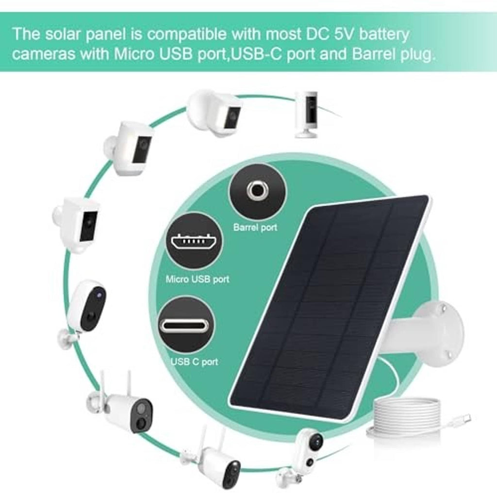Solar panel charger kit with USB-C, Micro-USB, and barrel port cables
