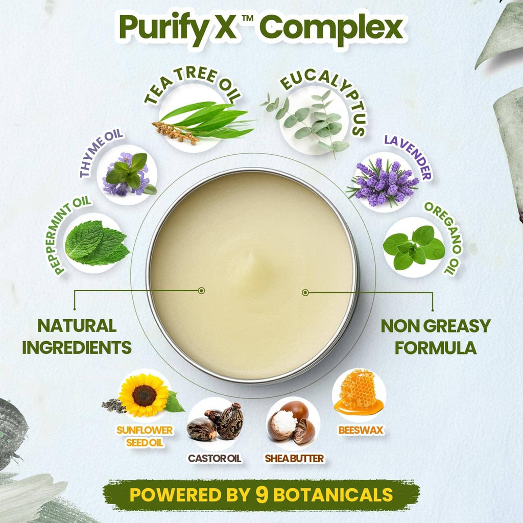 Open tea tree oil balm tin showing pale balm surface, Purify X complex label