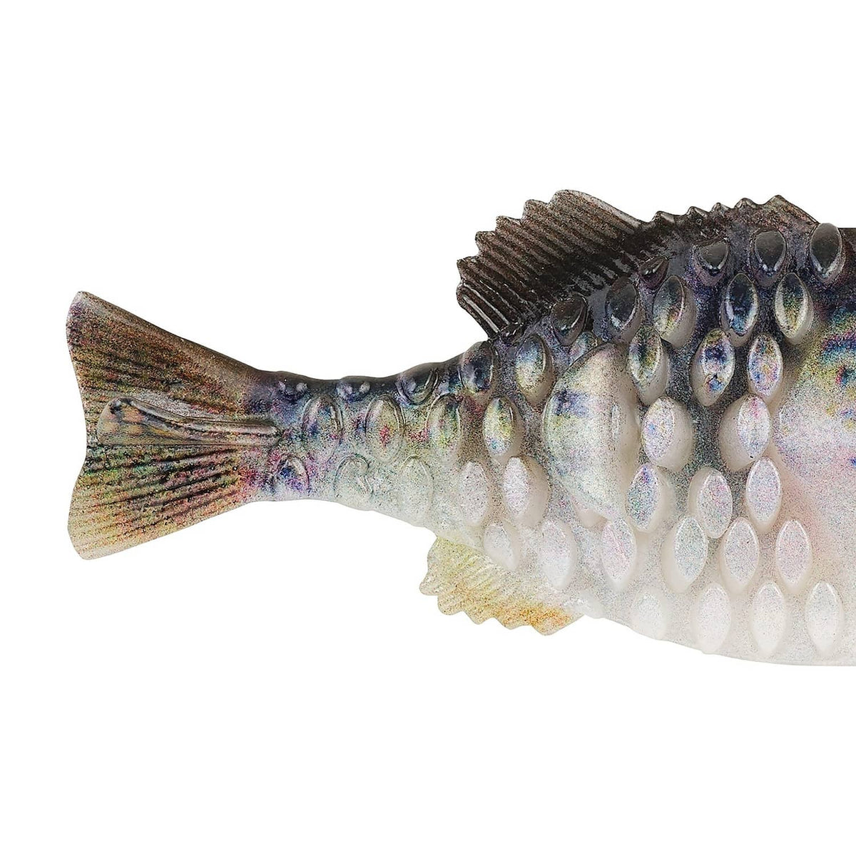 Blue-silver fishing lure with speckled back, white belly, and ribbed tail detail